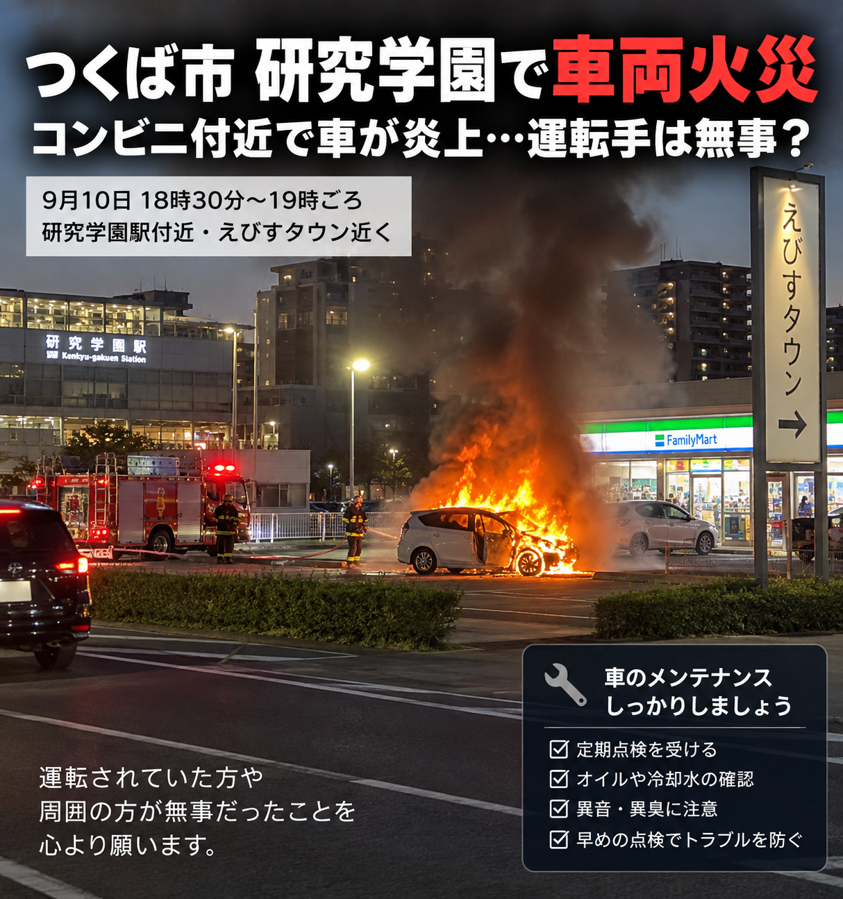 【研究学園で車両火災】コンビニ付近で車が炎上…運転手は無事？